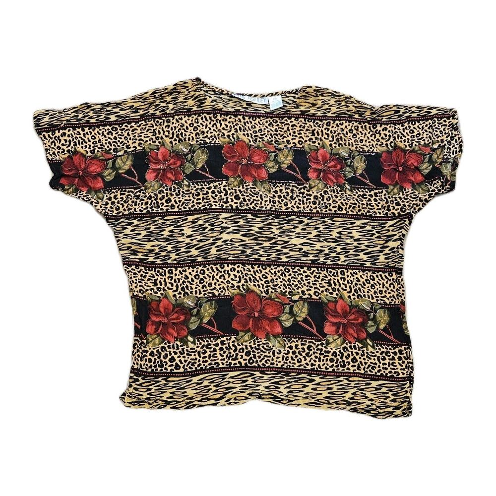 Vtg Jane Ashley Blouse Womens XL Leopard Cheetah Floral Beaded Retro Beach Boho